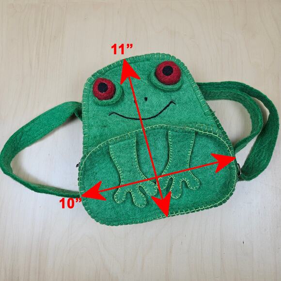 Hand Felted Frog Backpack Kids Children Green zipper pockets adjustable straps - Picture 7 of 7